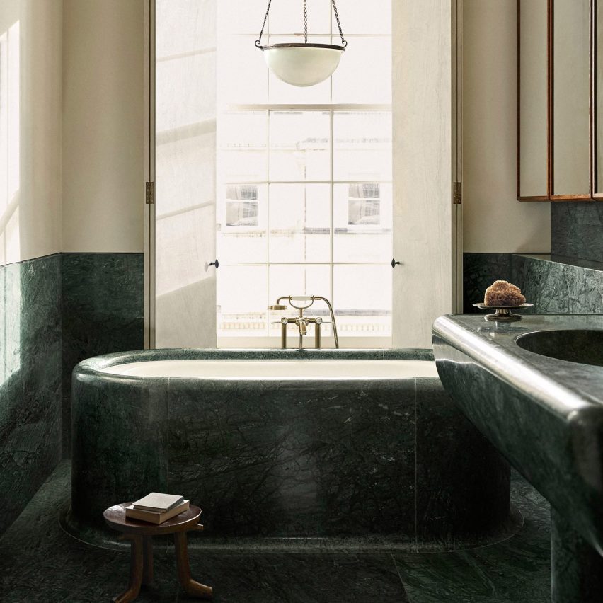 Green marble freestanding bath by Child Studio