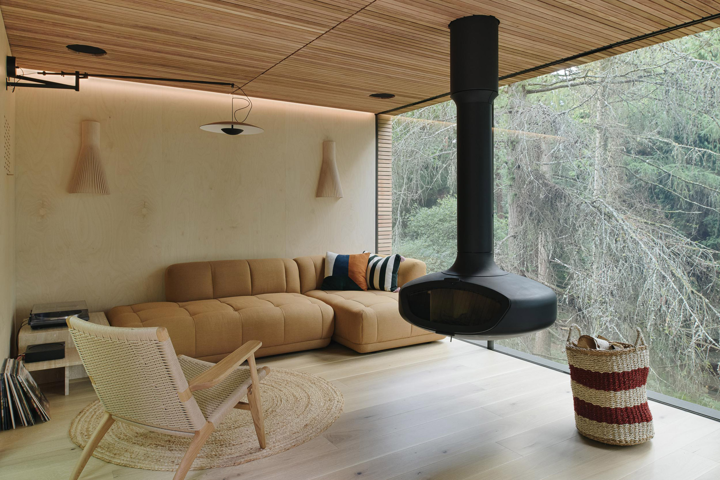 L-shaped sofa and armchair inside cabin