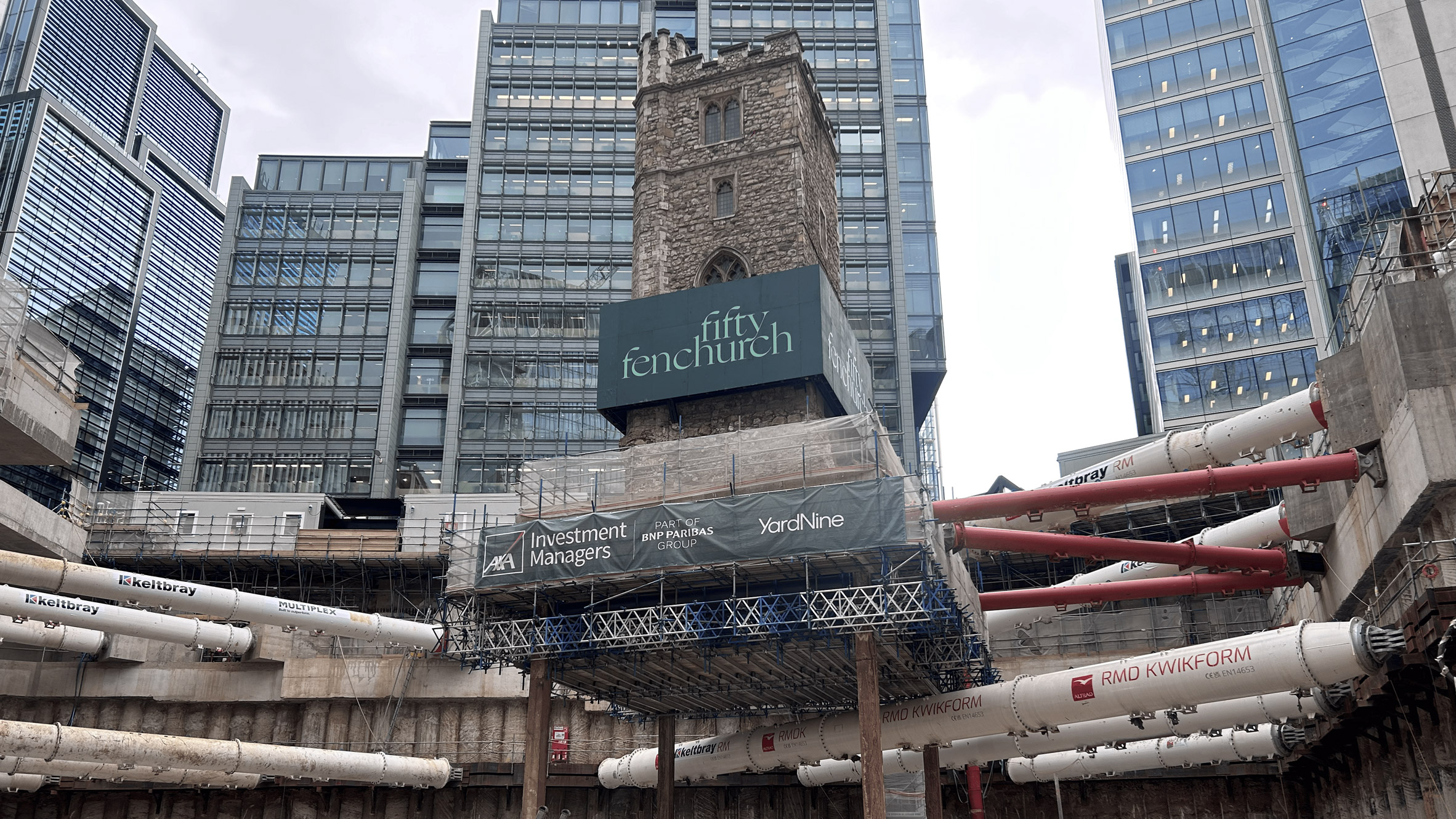 Excavation for 50 Fenchurch Street around medieval London church tower