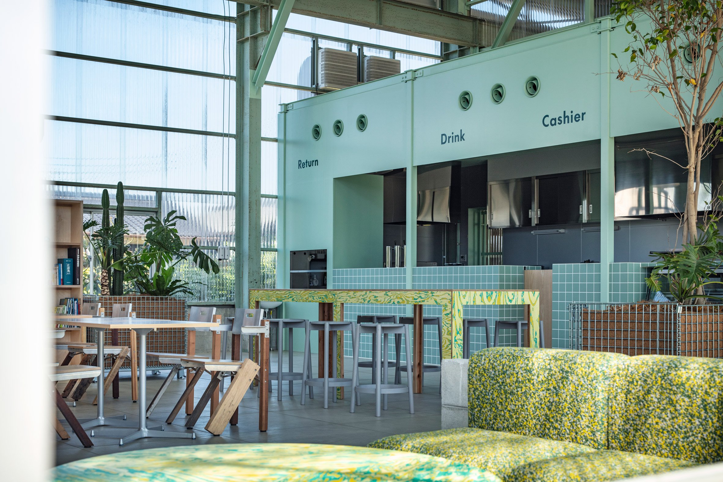 Interior of cafe with turquoise walls