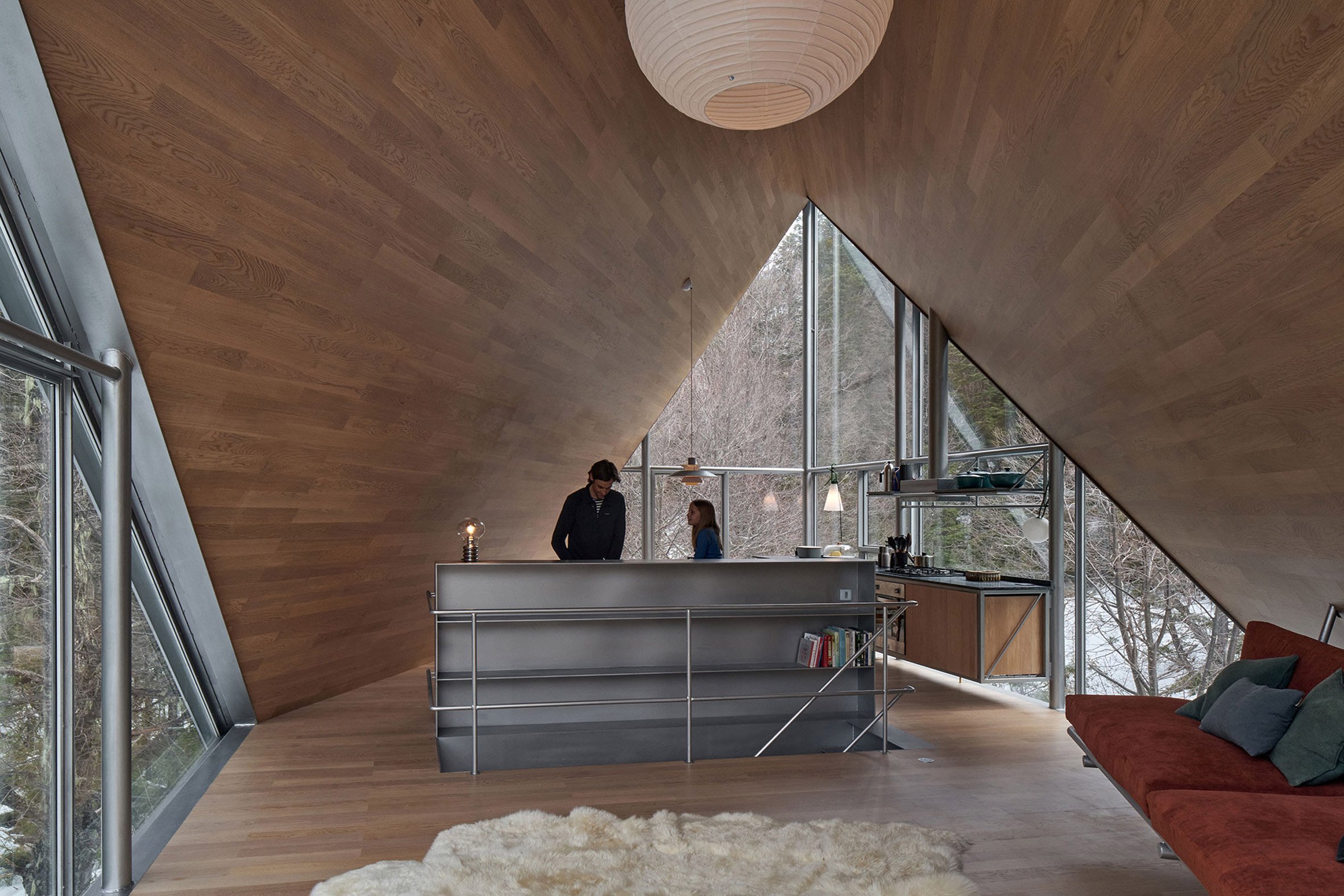 Wood clad interior of metal house